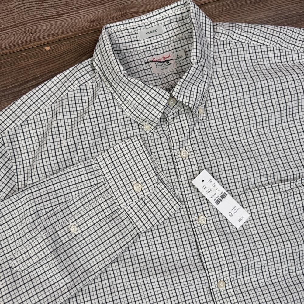 J.Crew Mens Size Large Secret Wash Button Down Shirt White Navy Check New BW440